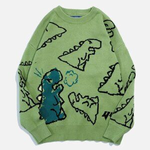 Aelfric Eden Green Cartoon Dinosaur Sweater Women Medium Graphic Casual Boho